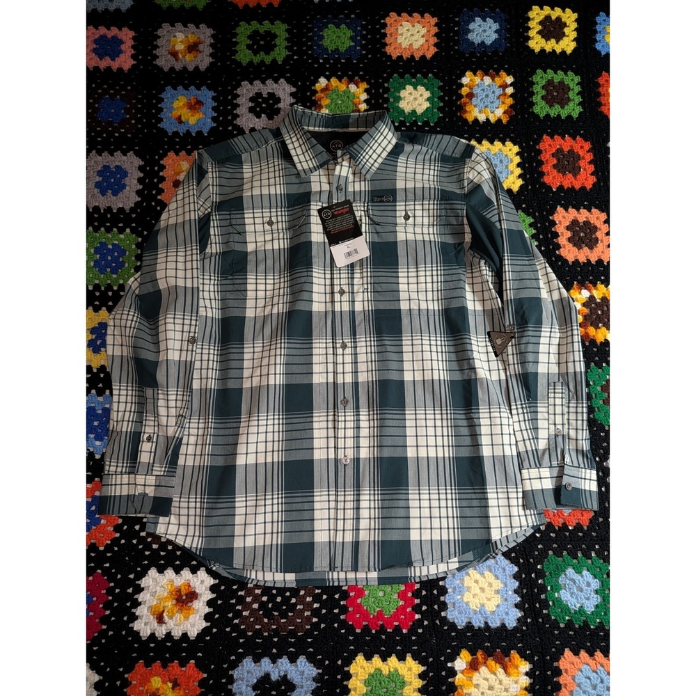 Wrangler ATG Shirt Men 2XL Green Plaid‎ Flannel Long Sleeve Button Down Outdoors